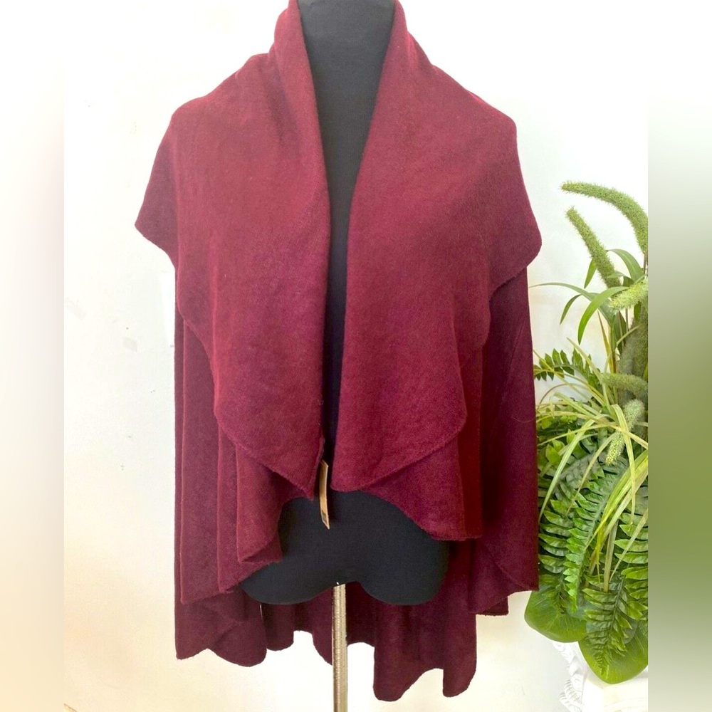 LOOK Red Shrug with Asymmetrical Hem and Shawl Collar PTP: 24”-27.5”